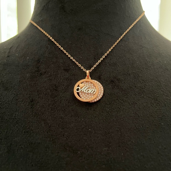 Jewelry - Silver Over Rose Gold Double Pendant “Mom” CZ & Necklace